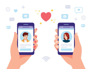 Man and woman are holding smartphones with dating service app Virtual relationship concept