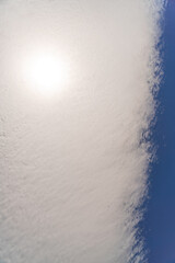 Fluffy clouds in the blue sky, they are arranged in a flat strip. The sun shines through them.