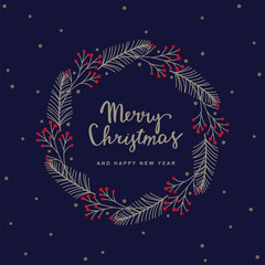 Merry Christmas festive greeting card with Christmas wreath and lettering. Vector illustration