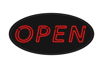 Open neon sign vector. Oval signboard with red neon letters OPEN, EPS 10 isolated on white background