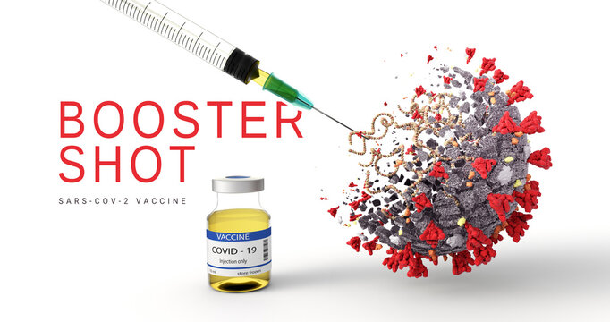 Covid-19 Booster Shot Vaccine  injection. 3rd or 4th dose. Omicron and Delta Booster dose vaccine for antibodies. Syringe Coronavirus and vial on whitebackground. 3D Illustration   