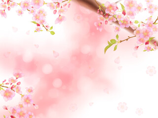 桜の枝と桜舞うピンクの背景フレーム（横）
