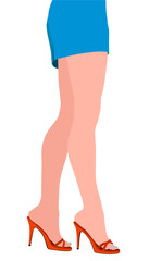 Slender female legs in red high heels and a blue short skirt. Cartoon style. Vector illustration