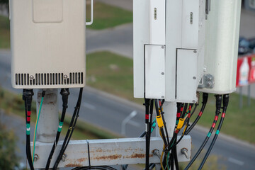 telecommunication equipment cellular station on tower. Macro Base Station. 5G radio network...