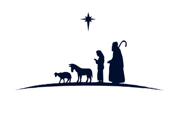 Shepherds and animals black silhouette nativity scene. Merry Christmas christian greeting card. Star of Bethlehem, herdsmans, donkey and sheep vector illustration