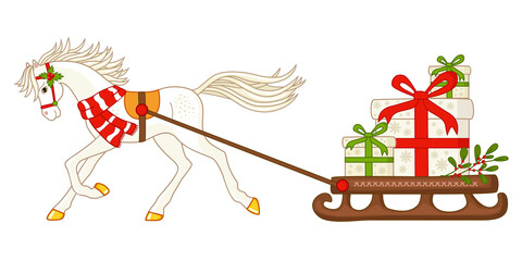A Christmas running horse in a scarf and a sled with gifts. Isolated object