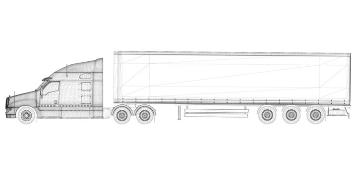 Wireframe of a truck with a wagon from black lines isolated on a white background. Side view. 3D. Vector illustration