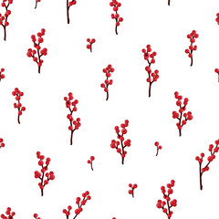 Seamless pattern with winter plants, holly berry, rowan branches. Festive American traditional ornate for New Year, Christmas. Hand drawn vector illustration for wrapping paper, textile printing