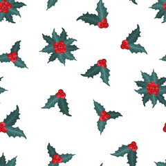 Seamless pattern with winter plants, holly berry, rowan branches. Festive American traditional ornate for New Year, Christmas. Hand drawn vector illustration for wrapping paper, textile printing