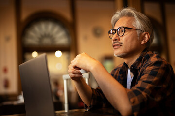 Businessman working on laptop in cafe. Handsome senior man enjoying in fresh coffee