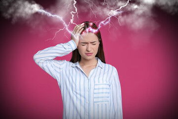 Young woman having headache on pink background. Illustration of lightnings representing severe pain