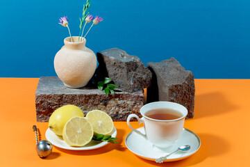 Tea in a cup in a composition with pastries and dessert, on a bright colored background.