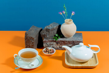 Tea with dessert on a bright colored background