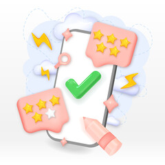 People Characters Giving Five Star Feedback. Reviews stars with good rate for give score point to review the service business concept. Customer Service and User Experience Concept. 3D vector illustrat
