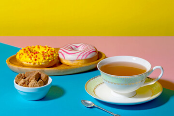 Tea with dessert on a bright colored background