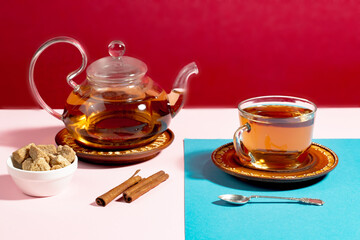 Tea with dessert on a bright colored background