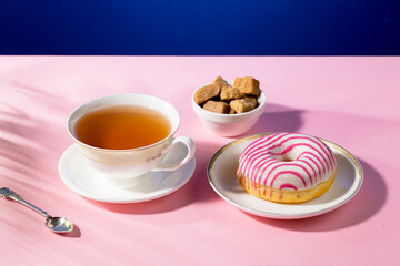 Tea with dessert on a bright colored background 