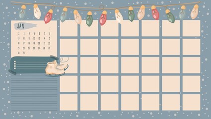 Winter monthly planner template. Organizer. Paper sheet. Isolated vector colorful element. 
