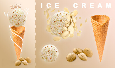 Almond ice cream. Scoops of almond ice cream with waffle cone and almond photography. 3D illustration for banners, landing pages and web pages with summer motifs