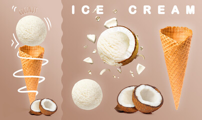 Coconut ice cream. Coconut explosion ice cream ball with cone and coconut photography on colored background. 3D illustration for banners, landing pages and web pages with summer motifs