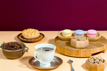 Black espresso coffee in a cup on the background