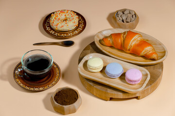 Coffee with dessert on a bright colored 