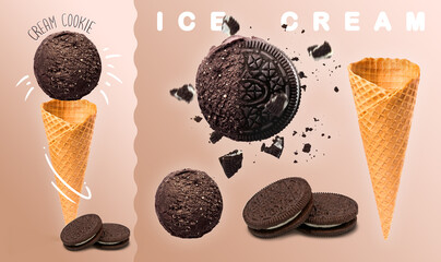 Cookie ice cream. Scoops of cream cookie ice cream with waffle cone and cookie photography. 3D illustration for banners, landing pages and web pages with summer motif