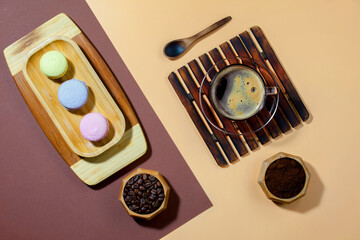 Coffee with dessert on a bright colored 