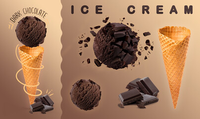 dark chocolate ice cream. Noir chocolate explosion ice cream ball with cone and chocolate photography on colored background. 3D illustration for banners, landing pages and web pages with summer motifs