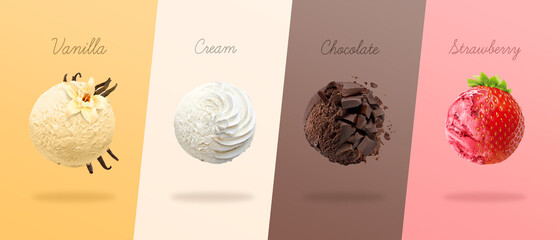 Scoops of ice cream with pieces of vanilla, cream, chocolate and strawberry. 3D illustration