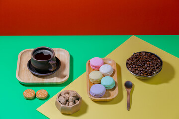 Coffee with dessert on a bright colored 