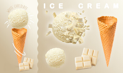 White chocolate ice cream. Scoops of white chocolate ice cream with waffle cone and white chocolate photography. 3D illustration for banners, landing pages and web pages with summer motifs