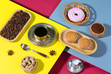 Coffee with dessert on a bright colored background 