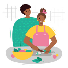 Afra american woman and man are cooking a vegetable salad. Black people prepare healthy food in the kitchen. Isolate on a white background. Modern vector illustration in cartoon flat style. 