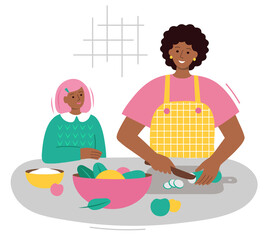 African american mom and daughter are cooking a vegetable salad. Black woman with a child together are preparing healthy food in the kitchen. Isolate on a white background. Vector illustration.