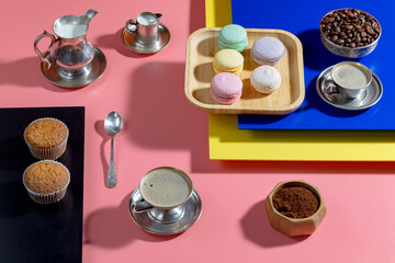 Coffee with dessert on a bright colored 