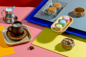 Coffee with dessert on a bright colored 