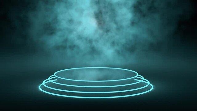 Animation of a podium-cylinder with an explosion of neon particles. A pedestal in space