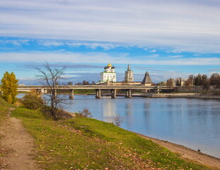 The ancient Kremlin of the city of Pskov on the Velikaya River. Russia.