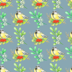 Watercolor seamless winter pattern with titmouse and mistletoe isolated on dark blue background.Good for fabrics,textile,wrapping,packaging.