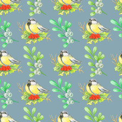 Watercolor seamless winter pattern with titmouse and mistletoe isolated on dark blue background.Good for fabrics,textile,wrapping,packaging.