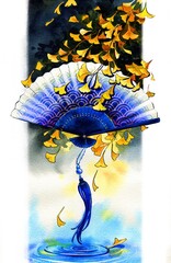 Watercolor cliparts. Print. Chinese fans with background. Various design, art, painting