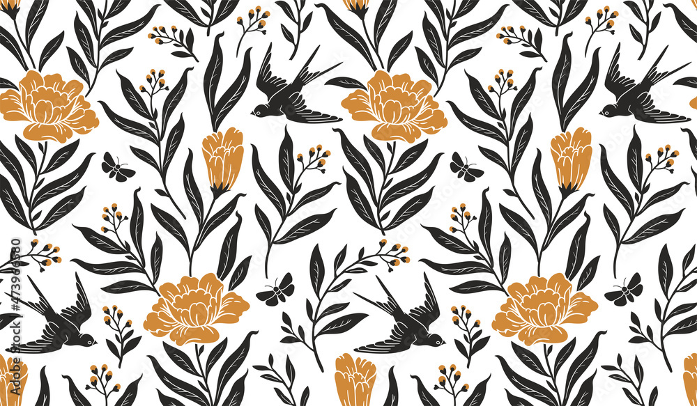 Canvas Prints boho mystical seamless pattern. vector background with flower, bird and floral elements in trendy bo