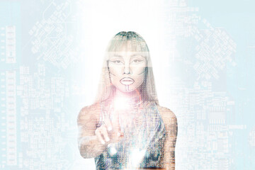 Robotic woman with silver bodysuit using graphical interface over circuit board