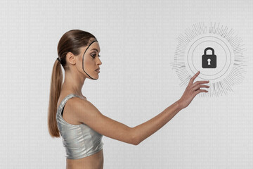 Robot young woman touching lock icon against white background