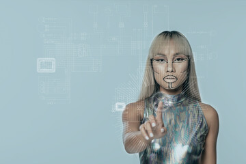 Robotic young woman with bangs touching interface against blue background