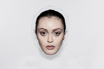 Face recognition analyzing on woman's face over white background