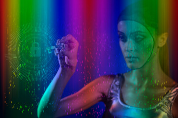 Robot woman holding origami key against multi-colored background