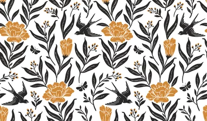 Wall murals Boho style Boho mystical seamless pattern. Vector background with flower, bird and floral elements in trendy bohemian tattoo style.