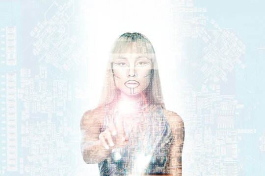 Robotic woman with silver bodysuit using graphical interface over circuit board